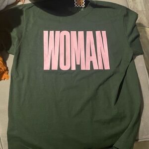 Dressed in LALA- NWT- RARE- Green graphic oversized Tee with Pink WOMAN Graphic